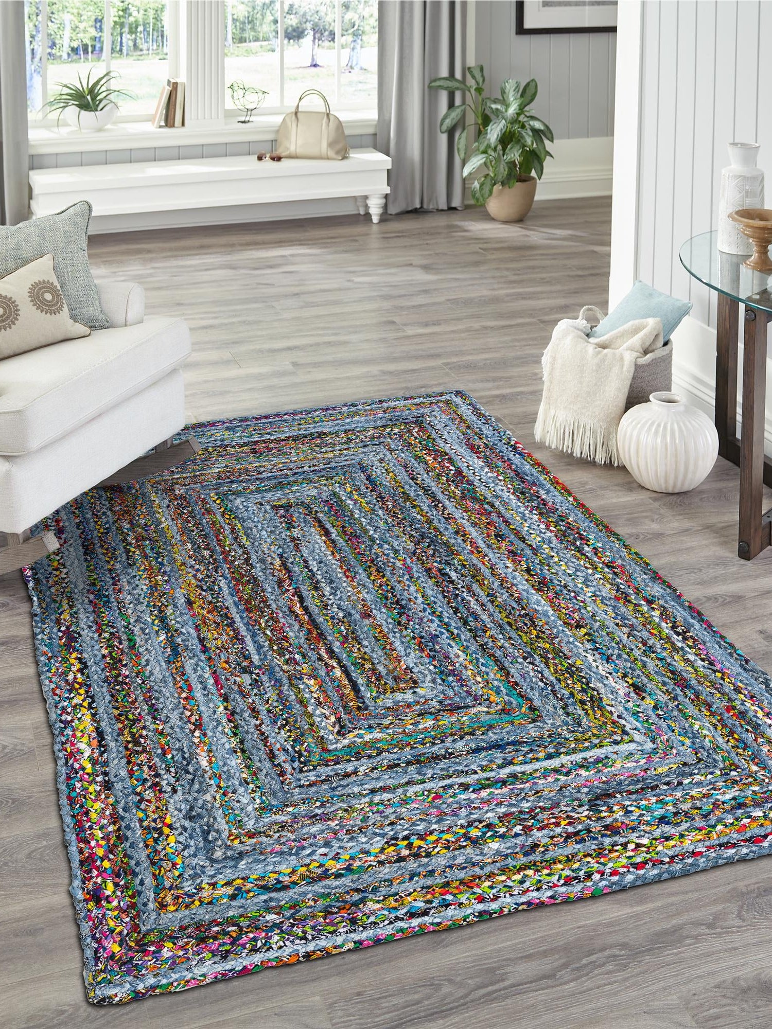 Blue and Multicolor 5' 1 x 8' Braided Chindi Rectangle Area Rug 100% Cotton Hand Braided Natural Eco-Friendly Boho Style Modern Carpet for Living Rooms Dining Office Dorm for Sale at Rug Engine