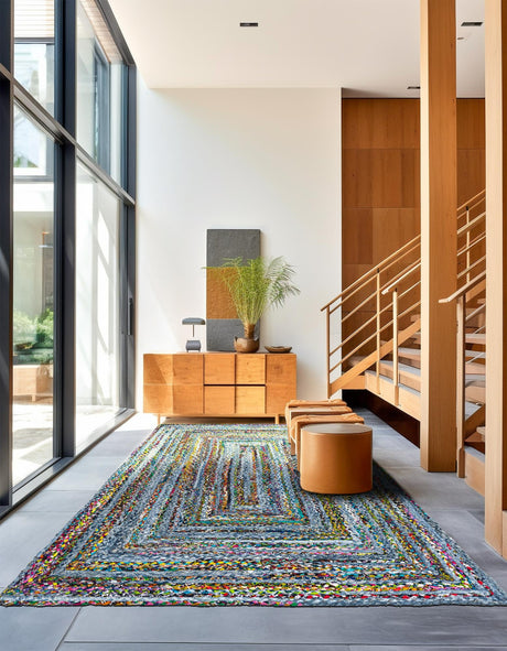 Blue and Multicolor 6' 1 x 9' Braided Chindi Rectangle Area Rug 100% Cotton Hand Braided Natural Eco-Friendly Boho Style Modern Carpet for Living Rooms Dining Office Dorm for Sale at Rug Engine