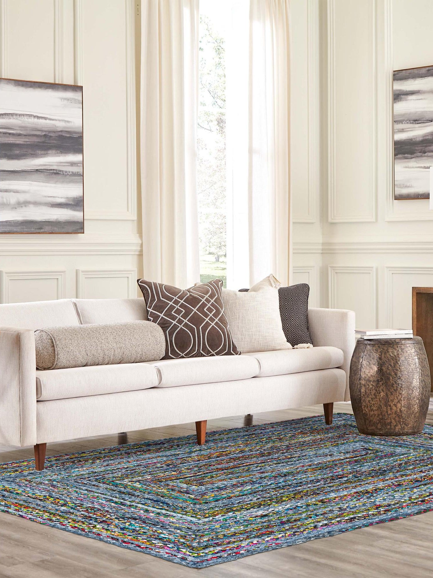 Blue and Multicolor 5' 1 x 8' Braided Chindi Rectangle Area Rug 100% Cotton Hand Braided Natural Eco-Friendly Boho Style Modern Carpet for Living Rooms Dining Office Dorm for Sale at Rug Engine