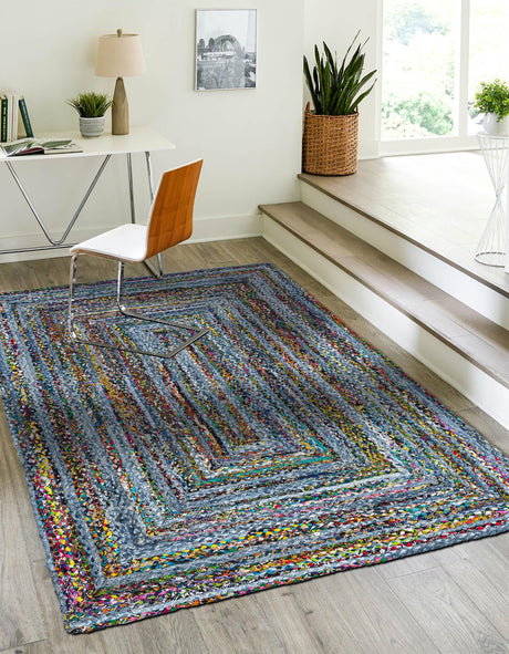 Blue and Multicolor 4' 1 x 6' 1 Braided Chindi Rectangle Area Rug 100% Cotton Hand Braided Natural Eco-Friendly Boho Style Modern Carpet for Living Rooms Dining Office Dorm for Sale at Rug Engine