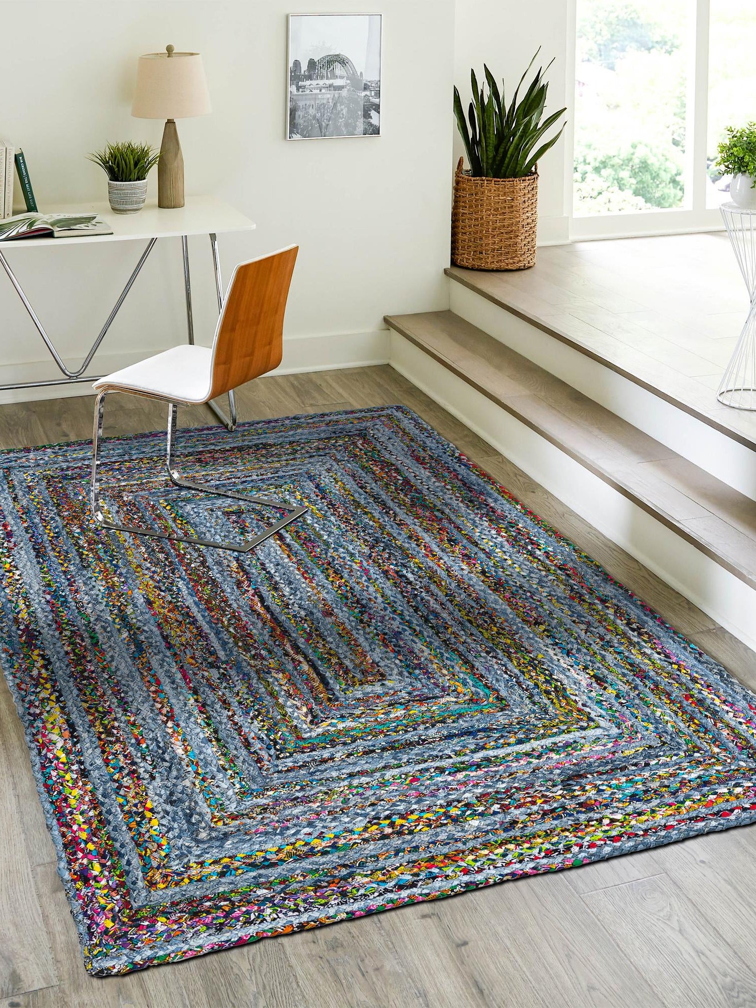 Blue and Multicolor 6' 1 x 9' Braided Chindi Rectangle Area Rug 100% Cotton Hand Braided Natural Eco-Friendly Boho Style Modern Carpet for Living Rooms Dining Office Dorm for Sale at Rug Engine