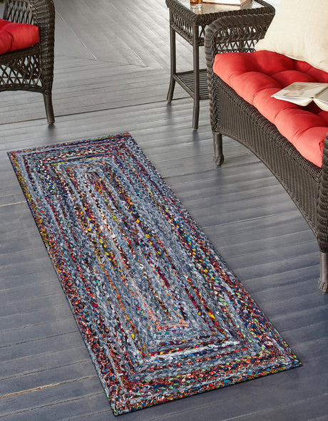 Blue and Multicolor 3' x 6' 1 Braided Chindi Runner Rug