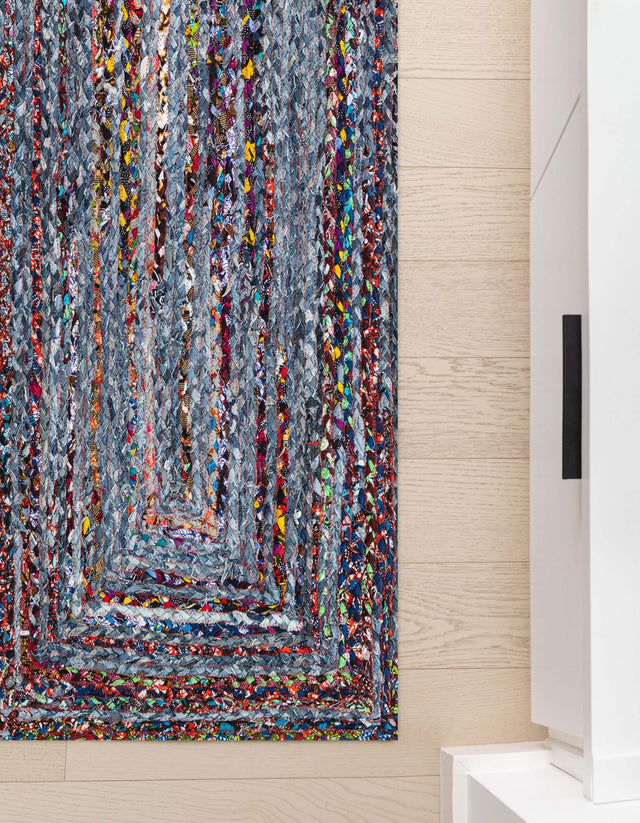 Blue and Multicolor 3' x 6' 1 Braided Chindi Runner Rug
