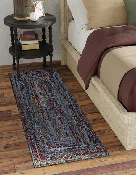 Blue and Multicolor 2' 7 x 6' 1 Braided Chindi Runner Area Rug 100% Cotton Hand Braided Natural Eco-Friendly Boho Style Modern Carpet for Living Rooms Dining Office Dorm for Sale at Rug Engine