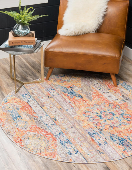 Orange 5' x 5' Basilica Round Area Rug 100% Polyester With Jute Backing Colorful Distressed Vintage Modern Carpet for Dorm Room Living Dining Office Decor Easy to Clean Rustic Interior Design for Sale at Rug Engine