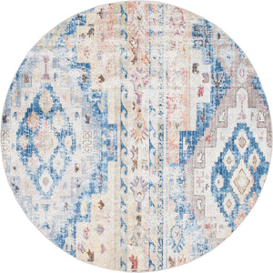 Light Blue 8' x 8' Basilica Round Area Rug 100% Polyester With Jute Backing Colorful Distressed Vintage Modern Carpet for Dorm Room Living Dining Office Decor Easy to Clean Rustic Interior Design for Sale at Rug Engine