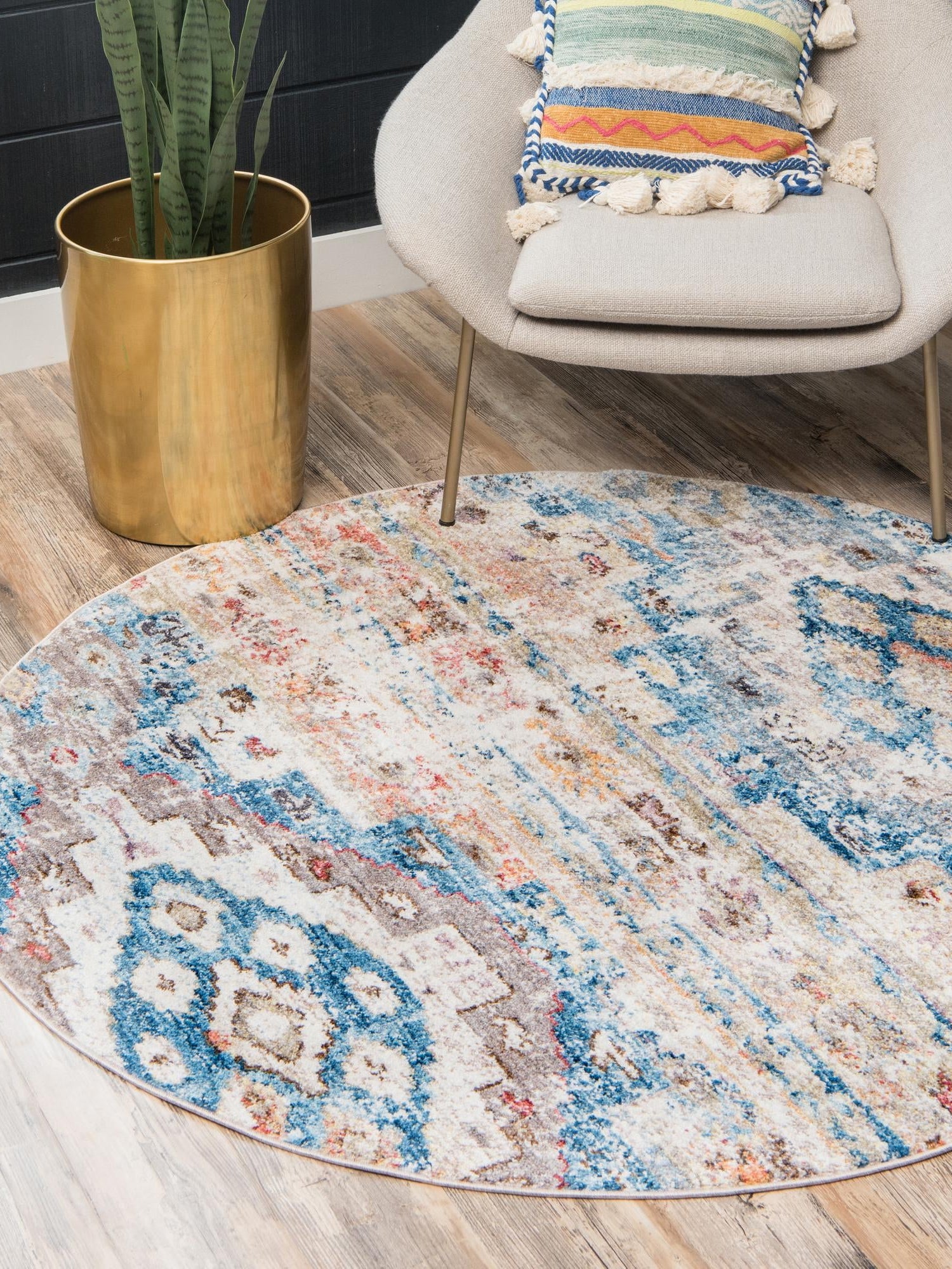 Light Blue 5' x 5' Basilica Round Area Rug 100% Polyester With Jute Backing Colorful Distressed Vintage Modern Carpet for Dorm Room Living Dining Office Decor Easy to Clean Rustic Interior Design for Sale at Rug Engine