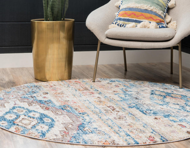 Light Blue 5' x 5' Basilica Round Area Rug 100% Polyester With Jute Backing Colorful Distressed Vintage Modern Carpet for Dorm Room Living Dining Office Decor Easy to Clean Rustic Interior Design for Sale at Rug Engine