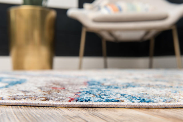 Light Blue 5' x 5' Basilica Round Area Rug 100% Polyester With Jute Backing Colorful Distressed Vintage Modern Carpet for Dorm Room Living Dining Office Decor Easy to Clean Rustic Interior Design for Sale at Rug Engine