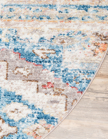 Light Blue 8' x 8' Basilica Round Area Rug 100% Polyester With Jute Backing Colorful Distressed Vintage Modern Carpet for Dorm Room Living Dining Office Decor Easy to Clean Rustic Interior Design for Sale at Rug Engine