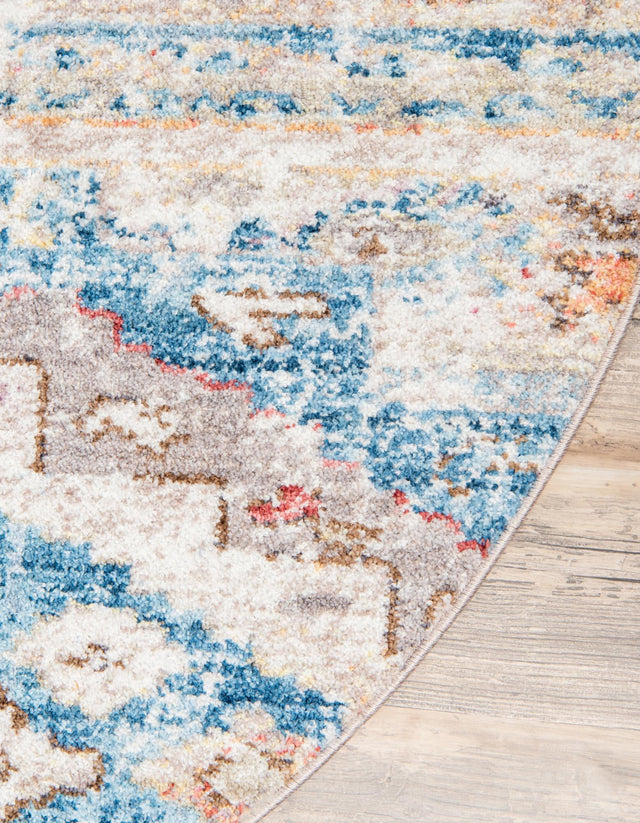 Light Blue 8' x 8' Basilica Round Area Rug 100% Polyester With Jute Backing Colorful Distressed Vintage Modern Carpet for Dorm Room Living Dining Office Decor Easy to Clean Rustic Interior Design for Sale at Rug Engine
