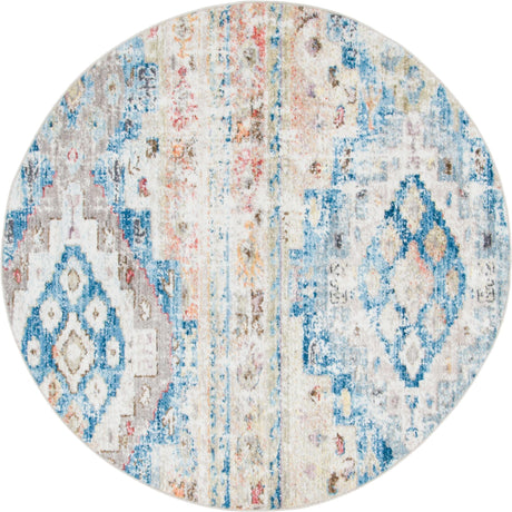 Light Blue 5' x 5' Basilica Round Area Rug 100% Polyester With Jute Backing Colorful Distressed Vintage Modern Carpet for Dorm Room Living Dining Office Decor Easy to Clean Rustic Interior Design for Sale at Rug Engine