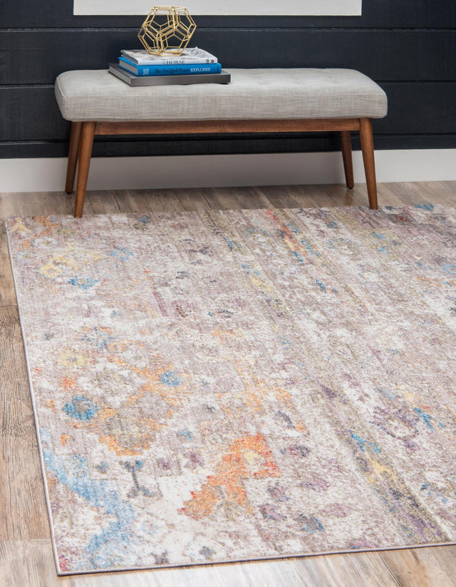 Cream 4' 1 x 6' 1 Basilica Rectangle Area Rug 100% Polyester With Jute Backing Colorful Distressed Vintage Modern Carpet for Dorm Room Living Dining Office Decor Easy to Clean Rustic Interior Design for Sale at Rug Engine