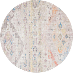 Cream 8' x 8' Basilica Round Area Rug 100% Polyester With Jute Backing Colorful Distressed Vintage Modern Carpet for Dorm Room Living Dining Office Decor Easy to Clean Rustic Interior Design for Sale at Rug Engine