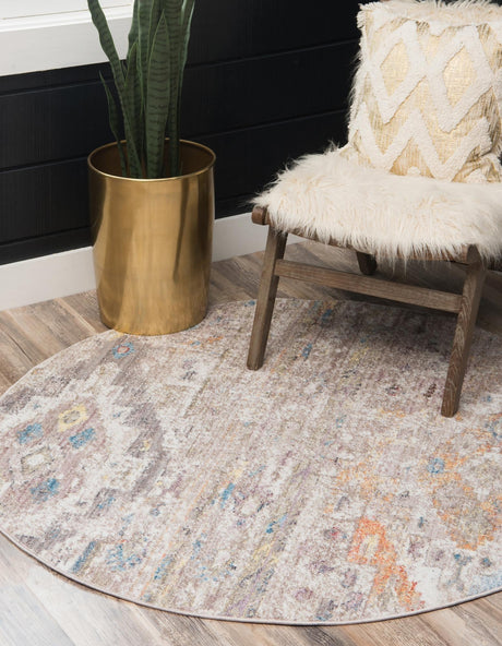 Cream 5' x 5' Basilica Round Area Rug 100% Polyester With Jute Backing Colorful Distressed Vintage Modern Carpet for Dorm Room Living Dining Office Decor Easy to Clean Rustic Interior Design for Sale at Rug Engine
