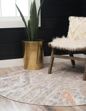 Cream 5' x 5' Basilica Round Area Rug 100% Polyester With Jute Backing Colorful Distressed Vintage Modern Carpet for Dorm Room Living Dining Office Decor Easy to Clean Rustic Interior Design for Sale at Rug Engine