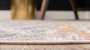Cream 8' x 8' Basilica Round Area Rug 100% Polyester With Jute Backing Colorful Distressed Vintage Modern Carpet for Dorm Room Living Dining Office Decor Easy to Clean Rustic Interior Design for Sale at Rug Engine