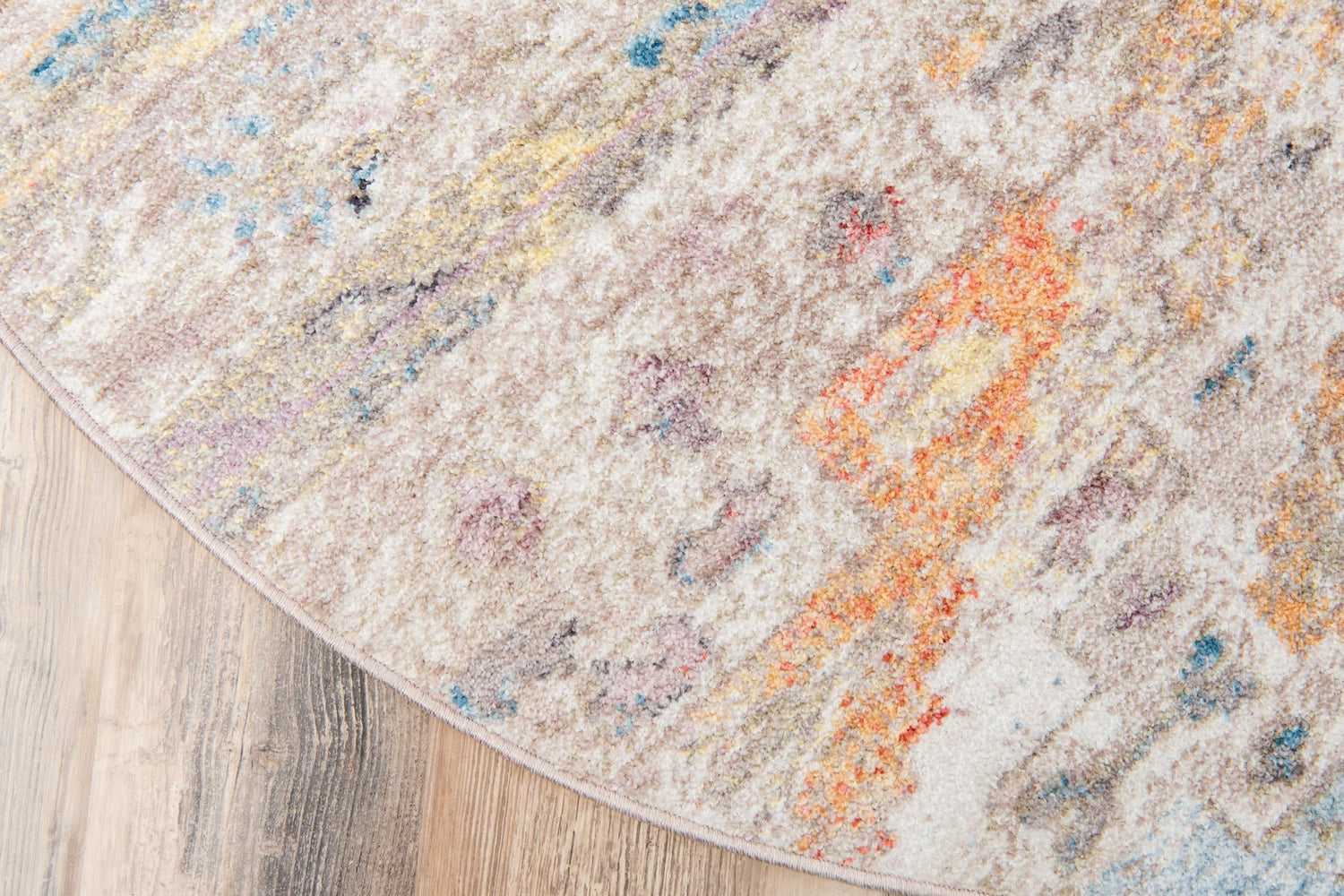 Cream 5' x 5' Basilica Round Area Rug 100% Polyester With Jute Backing Colorful Distressed Vintage Modern Carpet for Dorm Room Living Dining Office Decor Easy to Clean Rustic Interior Design for Sale at Rug Engine
