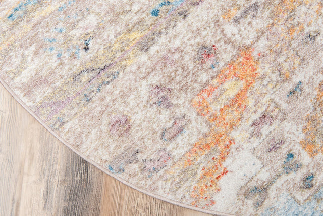 Cream 5' x 5' Basilica Round Area Rug 100% Polyester With Jute Backing Colorful Distressed Vintage Modern Carpet for Dorm Room Living Dining Office Decor Easy to Clean Rustic Interior Design for Sale at Rug Engine
