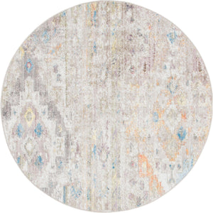 Cream 5' x 5' Basilica Round Area Rug 100% Polyester With Jute Backing Colorful Distressed Vintage Modern Carpet for Dorm Room Living Dining Office Decor Easy to Clean Rustic Interior Design for Sale at Rug Engine