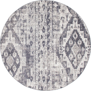 Gray 8' x 8' Basilica Round Area Rug 100% Polyester With Jute Backing Colorful Distressed Vintage Modern Carpet for Dorm Room Living Dining Office Decor Easy to Clean Rustic Interior Design for Sale at Rug Engine