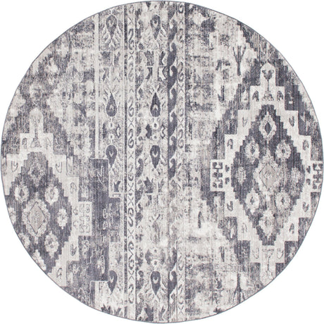 Gray 8' x 8' Basilica Round Area Rug 100% Polyester With Jute Backing Colorful Distressed Vintage Modern Carpet for Dorm Room Living Dining Office Decor Easy to Clean Rustic Interior Design for Sale at Rug Engine