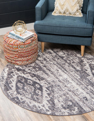 Gray 8' x 8' Basilica Round Area Rug 100% Polyester With Jute Backing Colorful Distressed Vintage Modern Carpet for Dorm Room Living Dining Office Decor Easy to Clean Rustic Interior Design for Sale at Rug Engine