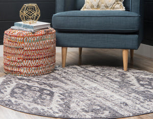 Gray 5' x 5' Basilica Round Area Rug 100% Polyester With Jute Backing Colorful Distressed Vintage Modern Carpet for Dorm Room Living Dining Office Decor Easy to Clean Rustic Interior Design for Sale at Rug Engine