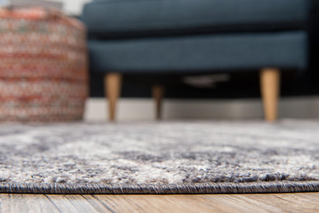 Gray 8' x 8' Basilica Round Area Rug 100% Polyester With Jute Backing Colorful Distressed Vintage Modern Carpet for Dorm Room Living Dining Office Decor Easy to Clean Rustic Interior Design for Sale at Rug Engine