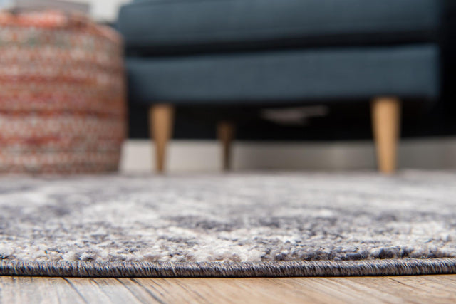 Gray 5' x 5' Basilica Round Area Rug 100% Polyester With Jute Backing Colorful Distressed Vintage Modern Carpet for Dorm Room Living Dining Office Decor Easy to Clean Rustic Interior Design for Sale at Rug Engine