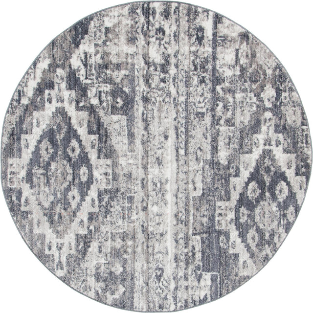 Gray 5' x 5' Basilica Round Area Rug 100% Polyester With Jute Backing Colorful Distressed Vintage Modern Carpet for Dorm Room Living Dining Office Decor Easy to Clean Rustic Interior Design for Sale at Rug Engine