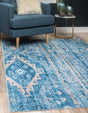 Blue 5' 1 x 8' Basilica Rectangle Area Rug 100% Polyester With Jute Backing Colorful Distressed Vintage Modern Carpet for Dorm Room Living Dining Office Decor Easy to Clean Rustic Interior Design for Sale at Rug Engine