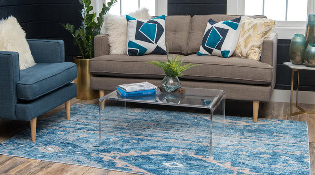 Blue 5' 1 x 8' Basilica Rectangle Area Rug 100% Polyester With Jute Backing Colorful Distressed Vintage Modern Carpet for Dorm Room Living Dining Office Decor Easy to Clean Rustic Interior Design for Sale at Rug Engine