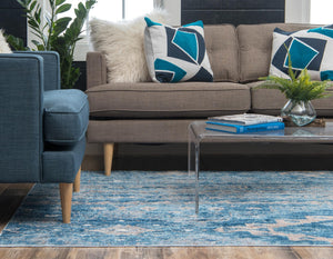 Blue 5' 1 x 8' Basilica Rectangle Area Rug 100% Polyester With Jute Backing Colorful Distressed Vintage Modern Carpet for Dorm Room Living Dining Office Decor Easy to Clean Rustic Interior Design for Sale at Rug Engine