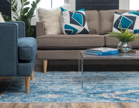 Blue 5' 1 x 8' Basilica Rectangle Area Rug 100% Polyester With Jute Backing Colorful Distressed Vintage Modern Carpet for Dorm Room Living Dining Office Decor Easy to Clean Rustic Interior Design for Sale at Rug Engine