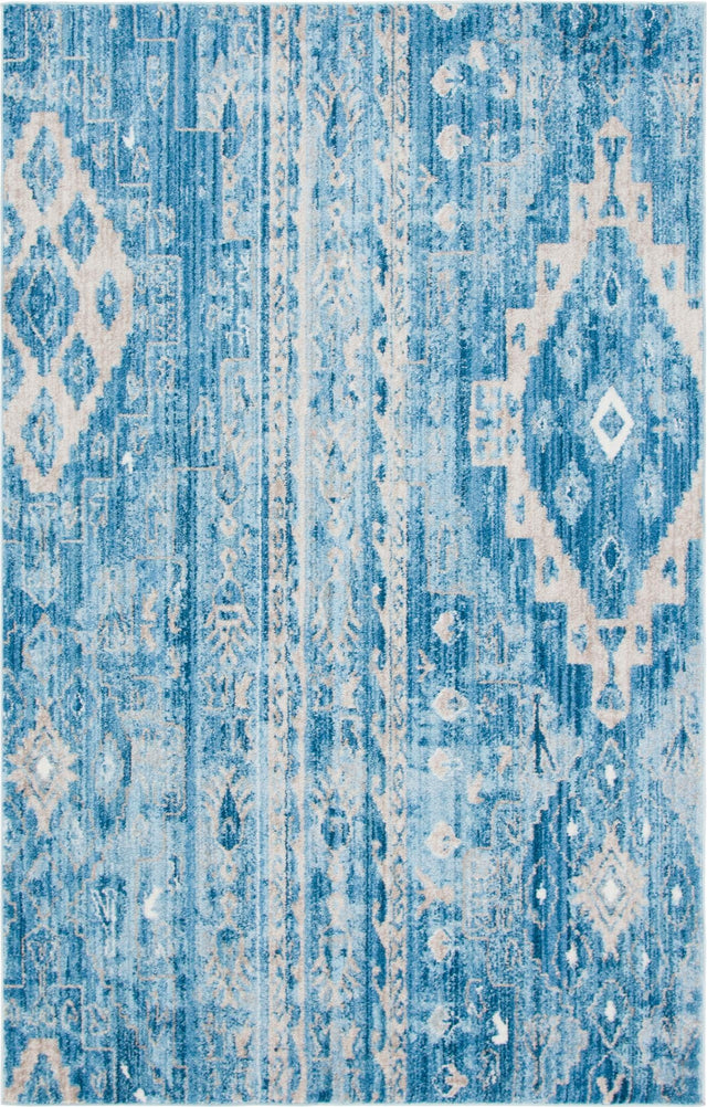 Blue 5' 1 x 8' Basilica Rectangle Area Rug 100% Polyester With Jute Backing Colorful Distressed Vintage Modern Carpet for Dorm Room Living Dining Office Decor Easy to Clean Rustic Interior Design for Sale at Rug Engine