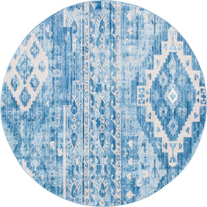 Blue 8' x 8' Basilica Round Area Rug 100% Polyester With Jute Backing Colorful Distressed Vintage Modern Carpet for Dorm Room Living Dining Office Decor Easy to Clean Rustic Interior Design for Sale at Rug Engine