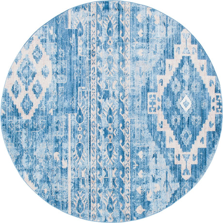 Blue 8' x 8' Basilica Round Area Rug 100% Polyester With Jute Backing Colorful Distressed Vintage Modern Carpet for Dorm Room Living Dining Office Decor Easy to Clean Rustic Interior Design for Sale at Rug Engine