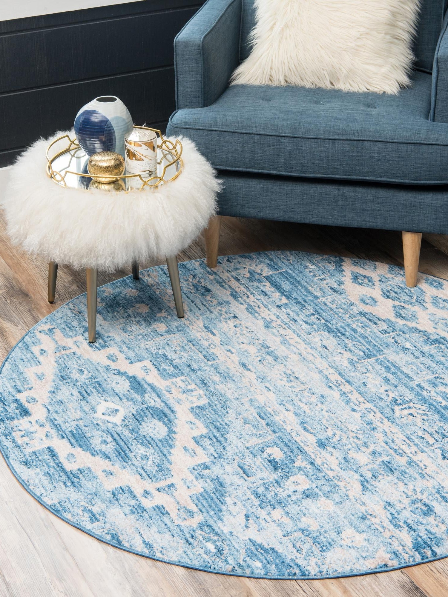 Blue 8' x 8' Basilica Round Area Rug 100% Polyester With Jute Backing Colorful Distressed Vintage Modern Carpet for Dorm Room Living Dining Office Decor Easy to Clean Rustic Interior Design for Sale at Rug Engine