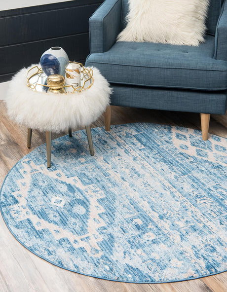 Blue 3' 3 x 3' 3 Basilica Round Area Rug 100% Polyester With Jute Backing Colorful Distressed Vintage Modern Carpet for Dorm Room Living Dining Office Decor Easy to Clean Rustic Interior Design for Sale at Rug Engine
