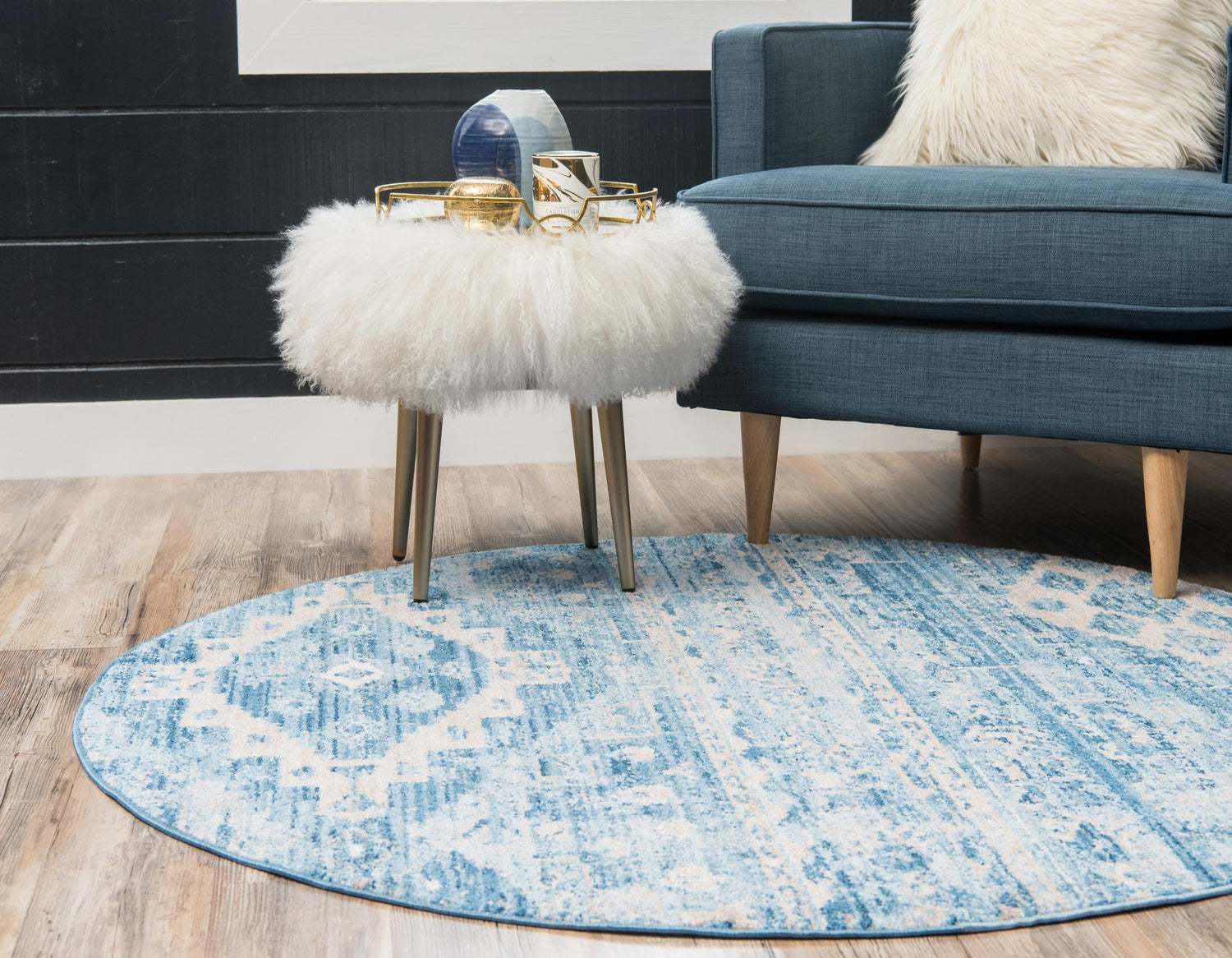 Blue 5' x 5' Basilica Round Area Rug 100% Polyester With Jute Backing Colorful Distressed Vintage Modern Carpet for Dorm Room Living Dining Office Decor Easy to Clean Rustic Interior Design for Sale at Rug Engine