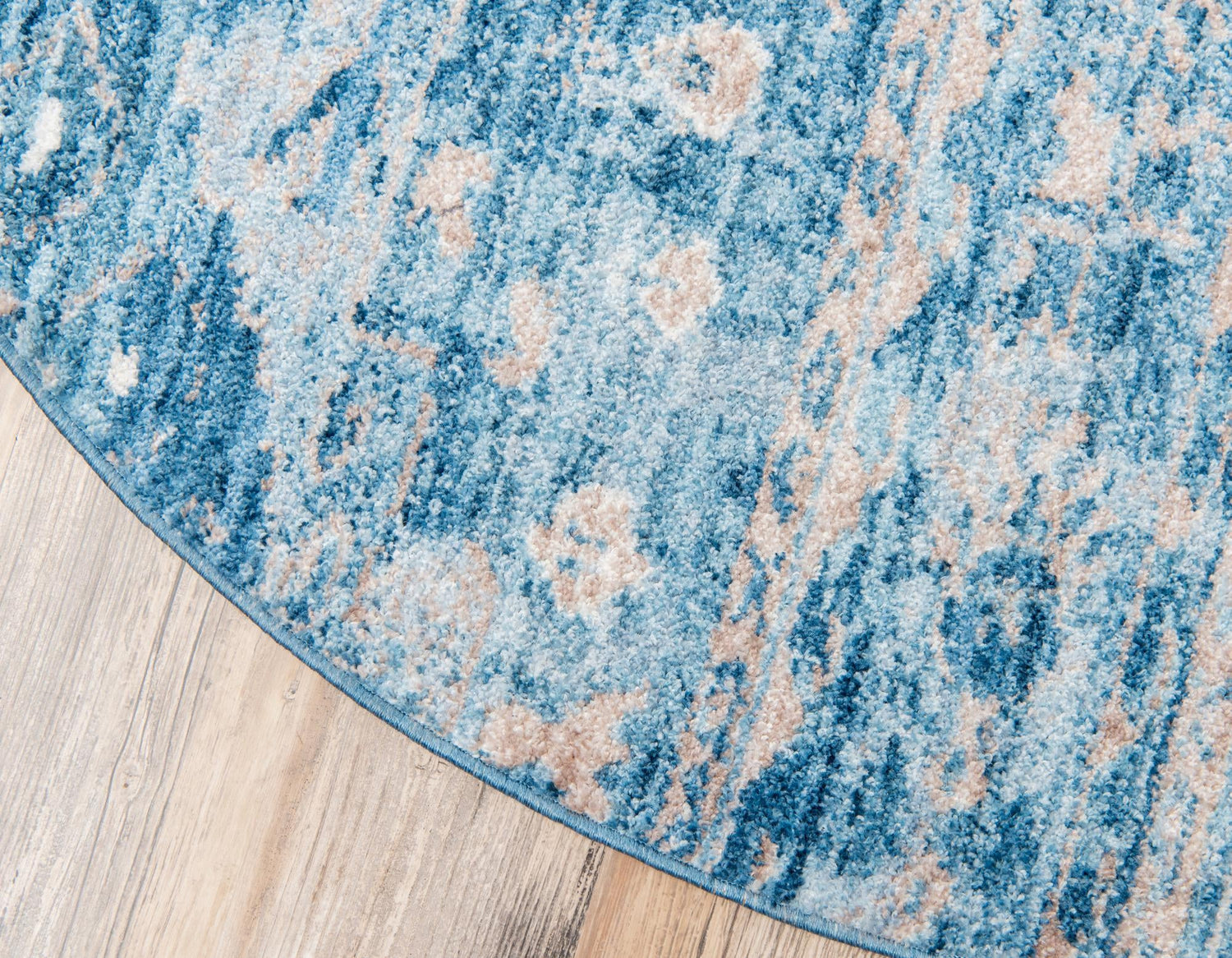 Blue 5' x 5' Basilica Round Area Rug 100% Polyester With Jute Backing Colorful Distressed Vintage Modern Carpet for Dorm Room Living Dining Office Decor Easy to Clean Rustic Interior Design for Sale at Rug Engine