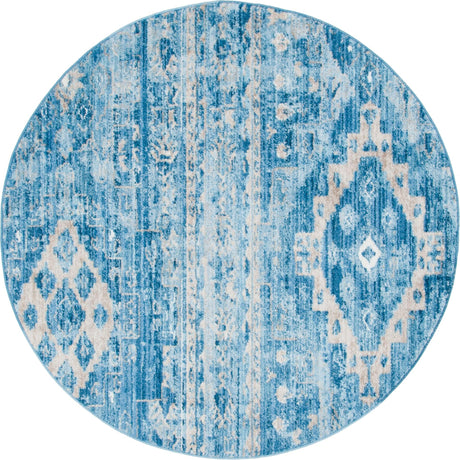 Blue 5' x 5' Basilica Round Area Rug 100% Polyester With Jute Backing Colorful Distressed Vintage Modern Carpet for Dorm Room Living Dining Office Decor Easy to Clean Rustic Interior Design for Sale at Rug Engine