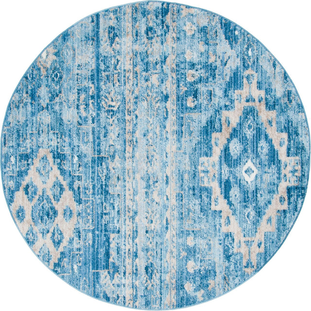 Blue 5' x 5' Basilica Round Area Rug 100% Polyester With Jute Backing Colorful Distressed Vintage Modern Carpet for Dorm Room Living Dining Office Decor Easy to Clean Rustic Interior Design for Sale at Rug Engine