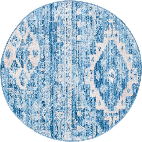Blue 3' 3 x 3' 3 Basilica Round Area Rug 100% Polyester With Jute Backing Colorful Distressed Vintage Modern Carpet for Dorm Room Living Dining Office Decor Easy to Clean Rustic Interior Design for Sale at Rug Engine