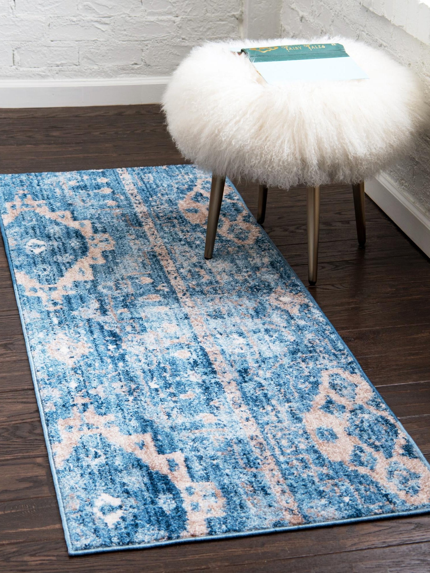 Blue 2' 2 x 6' 1 Basilica Runner Area Rug 100% Polyester With Jute Backing Colorful Distressed Vintage Modern Carpet for Dorm Room Living Dining Office Decor Easy to Clean Rustic Interior Design for Sale at Rug Engine