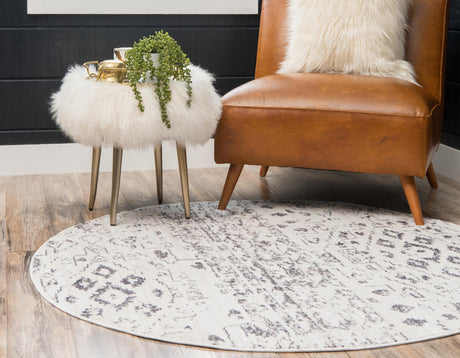 Ivory 8' x 8' Basilica Round Area Rug 100% Polyester With Jute Backing Colorful Distressed Vintage Modern Carpet for Dorm Room Living Dining Office Decor Easy to Clean Rustic Interior Design for Sale at Rug Engine