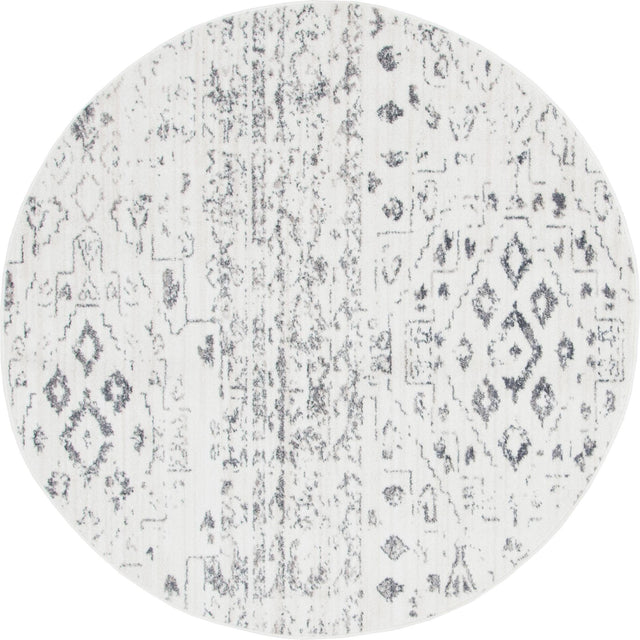 Ivory 5' x 5' Basilica Round Area Rug 100% Polyester With Jute Backing Colorful Distressed Vintage Modern Carpet for Dorm Room Living Dining Office Decor Easy to Clean Rustic Interior Design for Sale at Rug Engine
