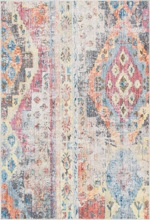 Multicolor 4' 1 x 6' 1 Basilica Rectangle Area Rug 100% Polyester With Jute Backing Colorful Distressed Vintage Modern Carpet for Dorm Room Living Dining Office Decor Easy to Clean Rustic Interior Design for Sale at Rug Engine