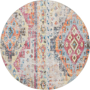 Multicolor 8' x 8' Basilica Round Area Rug 100% Polyester With Jute Backing Colorful Distressed Vintage Modern Carpet for Dorm Room Living Dining Office Decor Easy to Clean Rustic Interior Design for Sale at Rug Engine